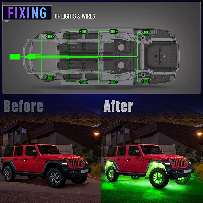 RGB Rock Lights for Cars & Trucks – Bluetooth Control, Waterproof Off-Road LED Underglow Kit