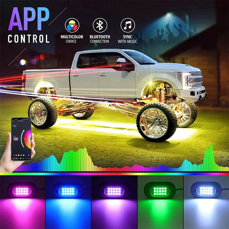 RGB Rock Lights for Cars & Trucks – Bluetooth Control, Waterproof Off-Road LED Underglow Kit