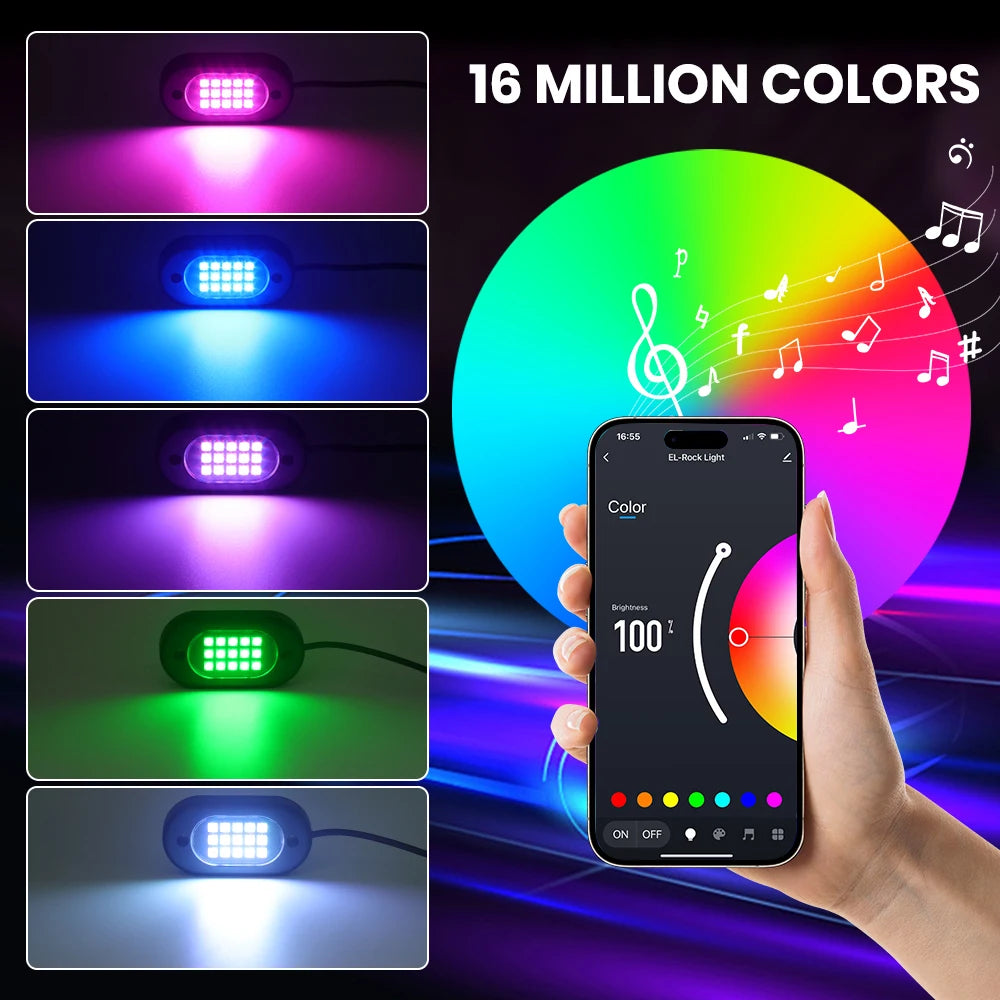RGB Rock Lights for Cars & Trucks – Bluetooth Control, Waterproof Off-Road LED Underglow Kit