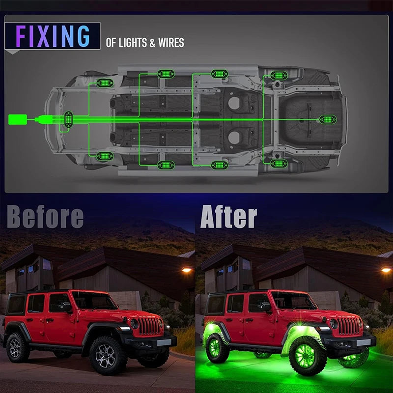 RGB Rock Lights for Cars & Trucks – Bluetooth Control, Waterproof Off-Road LED Underglow Kit