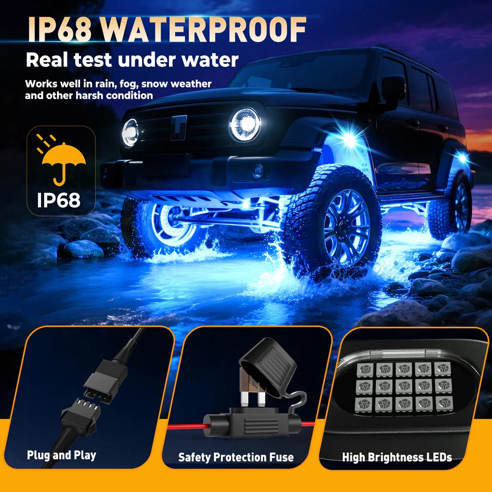 RGB Rock Lights for Cars & Trucks – Bluetooth Control, Waterproof Off-Road LED Underglow Kit