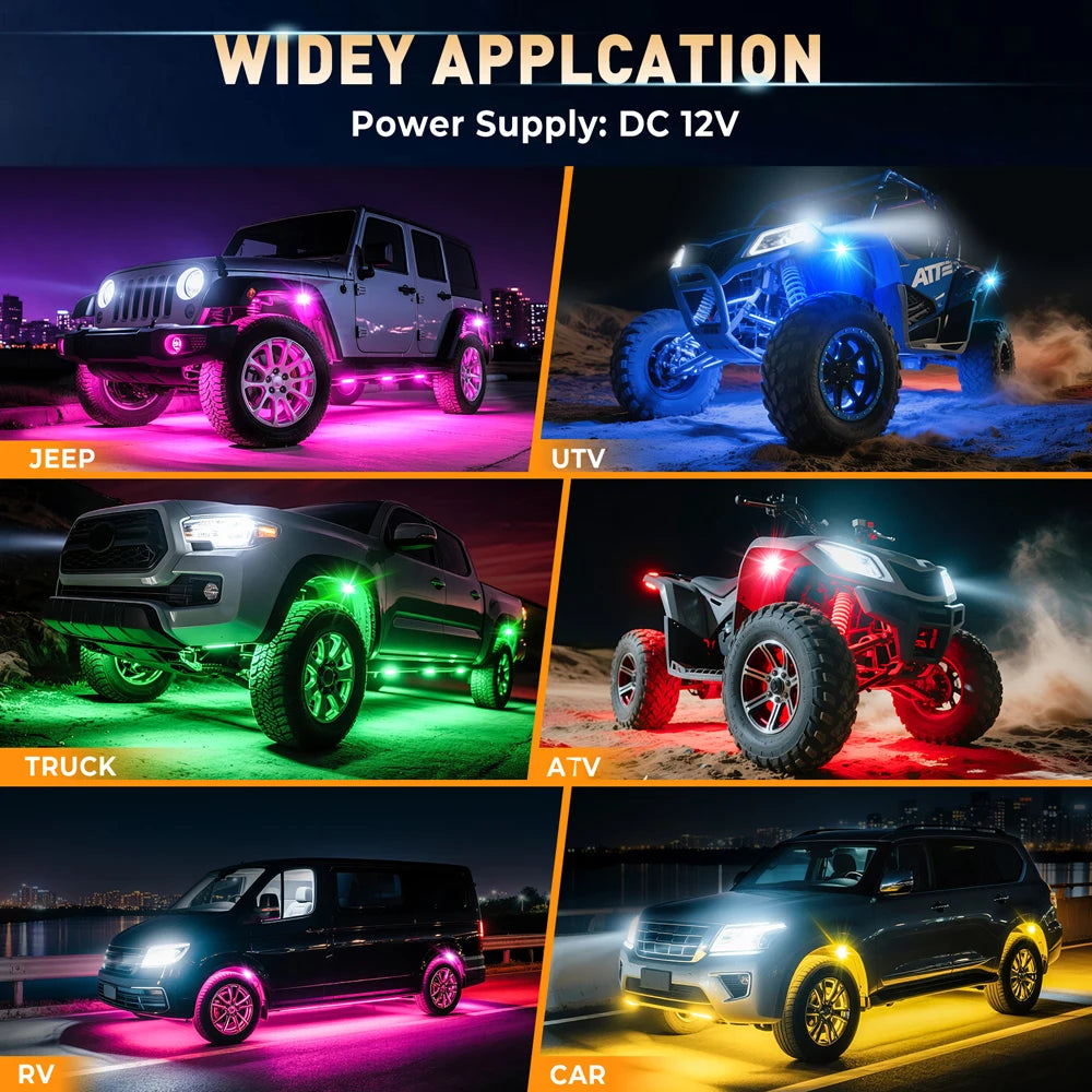 RGB Rock Lights for Cars & Trucks – Bluetooth Control, Waterproof Off-Road LED Underglow Kit