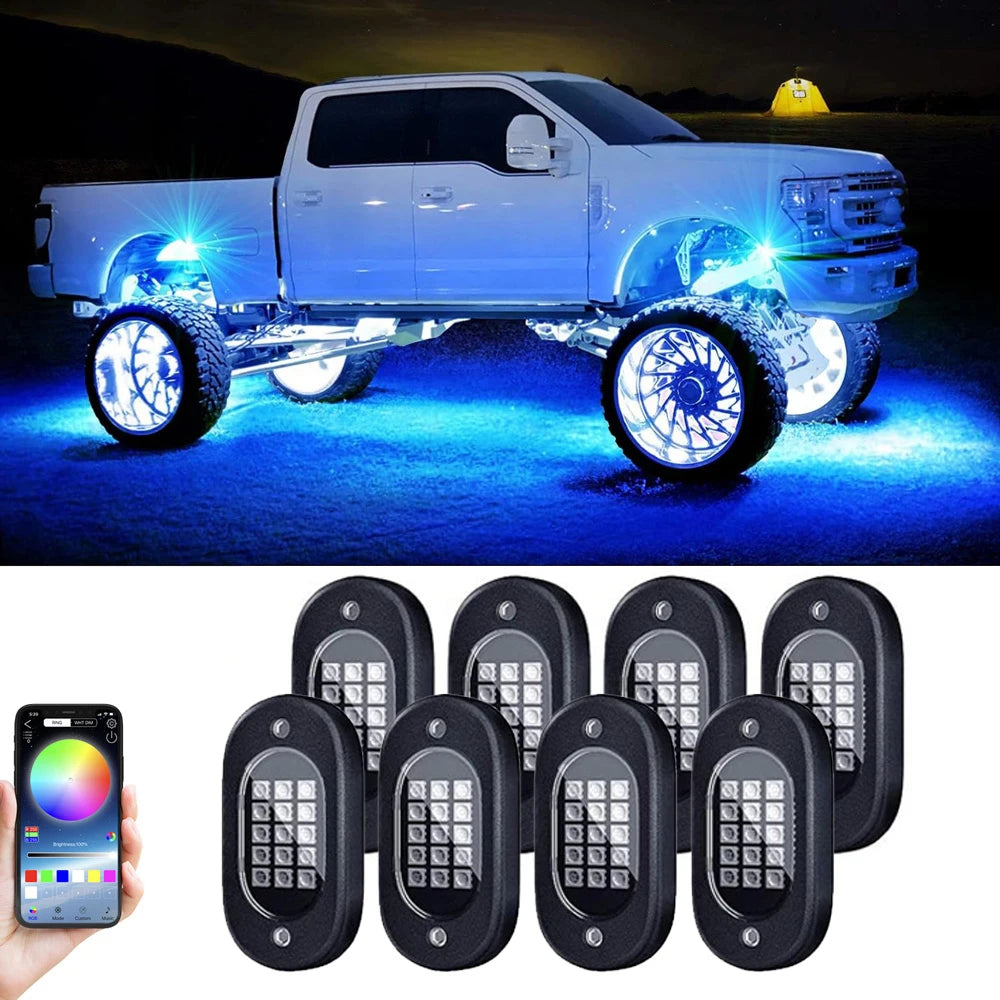 RGB Rock Lights for Cars & Trucks – Bluetooth Control, Waterproof Off-Road LED Underglow Kit
