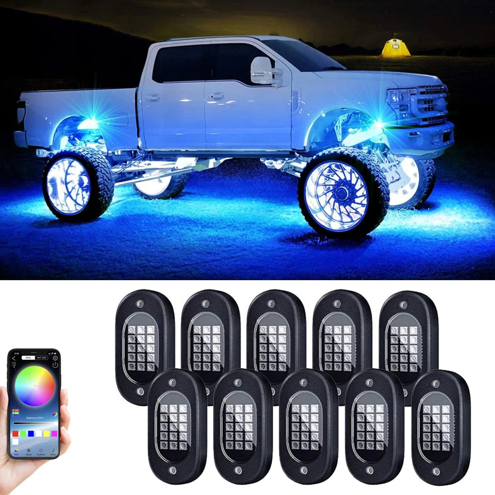 RGB Rock Lights for Cars & Trucks – Bluetooth Control, Waterproof Off-Road LED Underglow Kit