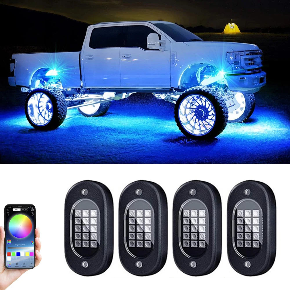 RGB Rock Lights for Cars & Trucks – Bluetooth Control, Waterproof Off-Road LED Underglow Kit